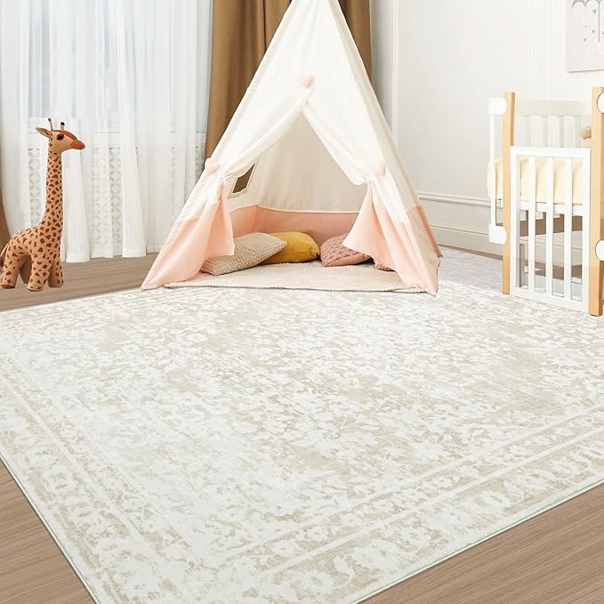 Aoyaomi Vintage Living Room Area Rug - 5x7 Large Machine Washable Boho Area Rug Distressed Floral Rugs for Bedroom, Soft Non-Slip Indoor Floor Accent Rugs for Office Dining Room (Cream Beige, 5'x7')