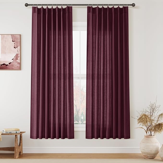 Aersas Burgundy Pinch Pleated Linen Curtains 72 Inch Length 2 Panels for Living Room Bedroom Semi Sheer Window Curtain Boho Neutral Back Tab Pinch Pleat Drape with Hooks 40x72
