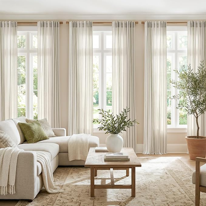 Vangao Striped Curtains Green on White Semi Sheer Curtains 96 Inches Long for Living Room Bedroom Modern Farmhouse Linen Textured Light Filtering Drapes 2 Panels Olive Green W50 x L96 Inch