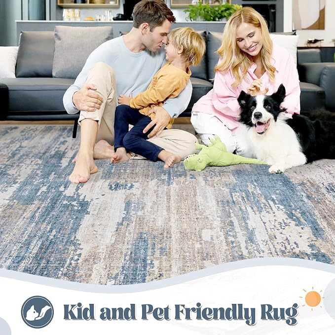 XLUEZ 9x12 Area Rug for Living Room, Washable Modern Abstract Large Area Rug Neutral Soft Non Slip Kids Rug Stain Resistant Indoor Carpet for Bedroom Dining Room Playroom Office(BlueBeige, 9'x12')