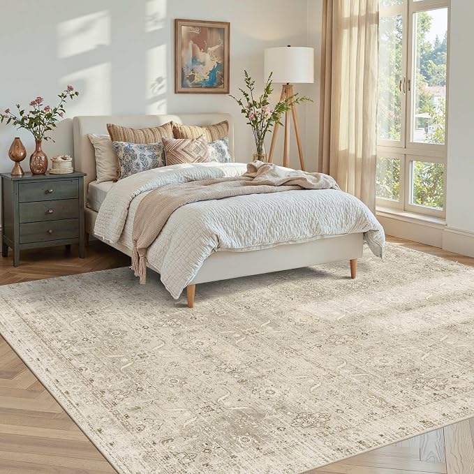 Rugxara Beige Area Rugs 5x7 Washable Soft Rug for Living Room Bedroom | Non Slip, Rug for Dining Room Dorm Office Farmhouse, Stain Resistant, Vintage Boho Carpet, Low Pile, Home Decor