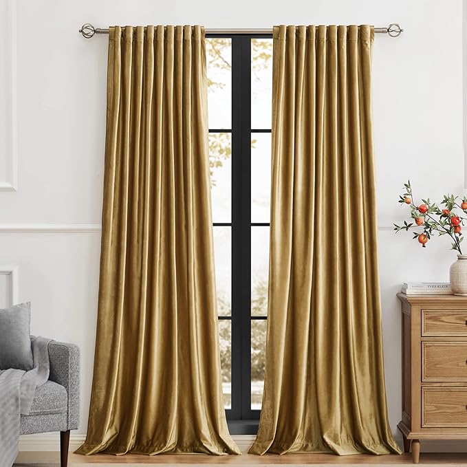 100% Blackout Gold Velvet Curtains 84 inch Long for Living Room,Elegant 2 Panels Back Tab Thermal Insulated Room Darkening Curtain with Liner Heavy Noice Reducing Soundproof Window Drapes for Bedroom