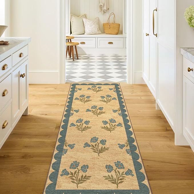 Non Slip Washable Kitchen Runner Rug - 2x6 Blue Floral Hallway Runner Rugs Soft Boho Runners for Hallways Jute-Look Farmhouse Scalloped Rugs for Bedroom Entryway Foyer Laundry Room Bathroom