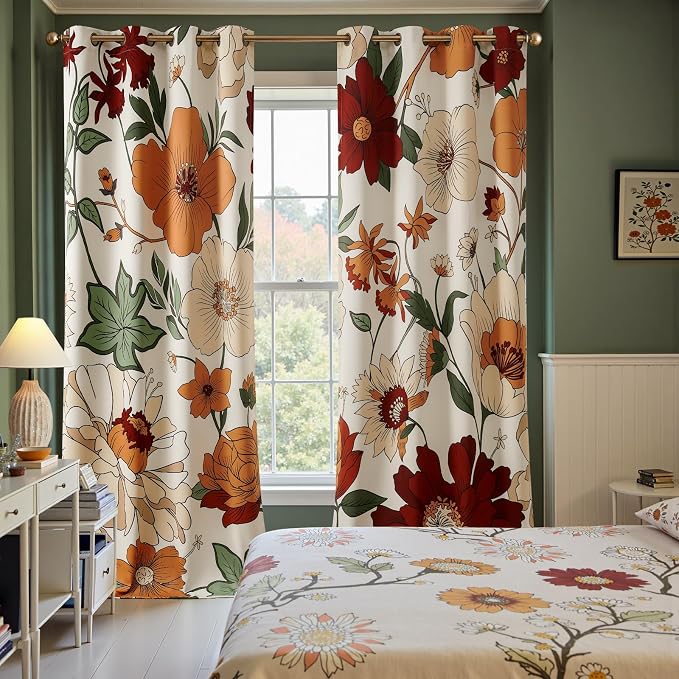 jinchan Beige Boho Floral Blackout Curtains 108 Inch Grommet 2 Panels | Room darkening, Vintage, living room, bedroom, privacy, floral print, flower pattern, fall decor, window treatments