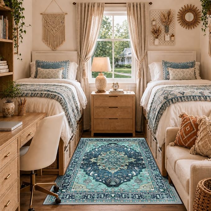 RELEANY Area Rugs 3'x5' Washable Non-Slip, Floral Vintage Distress Medallion Carpet for Living Room Bedroom Dining Room, Teal Green Lake Blue Turquoise