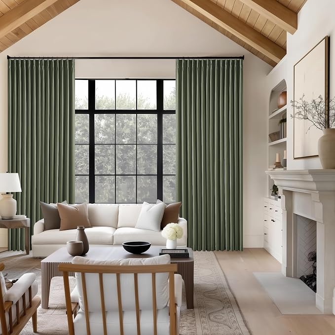 Olive Green Pinch Pleated Linen Blackout Curtains 90 Inch Long for Bedroom | 100% Black Out Thermal Insulated, Pinch Pleat with Ring Hooks Back Tab, Room Darkening Drapes with Liner, for Living Room