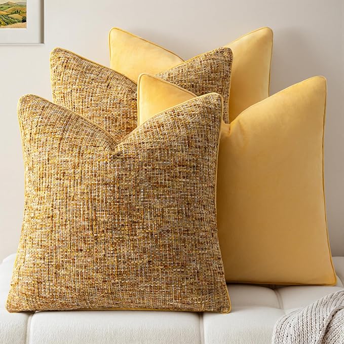 a moment Bright Yellow 4 Pack Throw Pillow Covers - Chenille & Velvet Set with Piping, Farmhouse Textured Design Pillow Cases for Couch Sofa Bed Livingroom (22x22 Inch, No Insert)