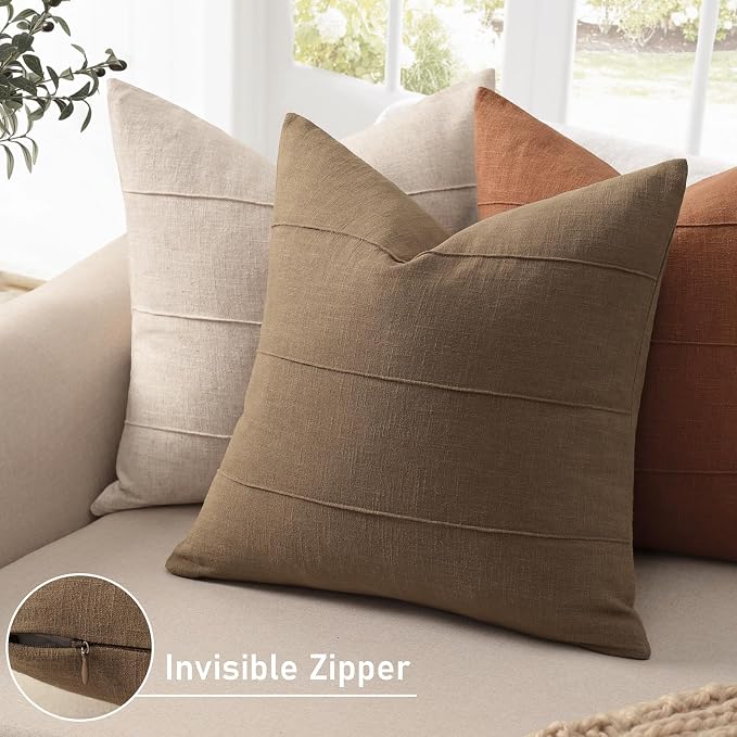ZWJD Decorative Linen Throw Pillow Covers 20x20 Set of 2 Solid Handcrafted Striped Cushion Covers for Bed Soft Modern Farmhouse Neutral Pillowcase for Couch Bedroom Living Room Home Decor(Coco Brown)