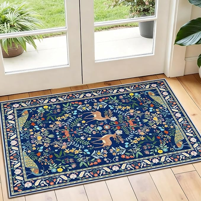 Lunasun 2x3 Washable Bathroom Rug, Small Throw Rugs for Kitchen, Powder Room, Front Door Indoor Entrance, Non Slip Low Pile Stain Resistant, Blue Colorful Floral Aethestic