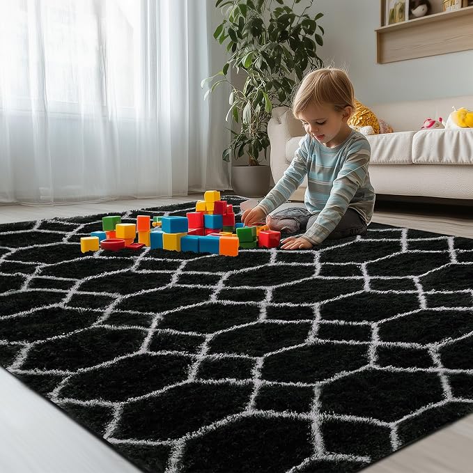 Fluffy Rug for Bedroom, Soft 5x7 Black Shag Plush Geometric Area Rugs | Modern Black and White Rug, Non Slip Carpet for Living Room, Aesthetic Home Decor, Fuzzy Floor Mat for Nursery Teen Dorm