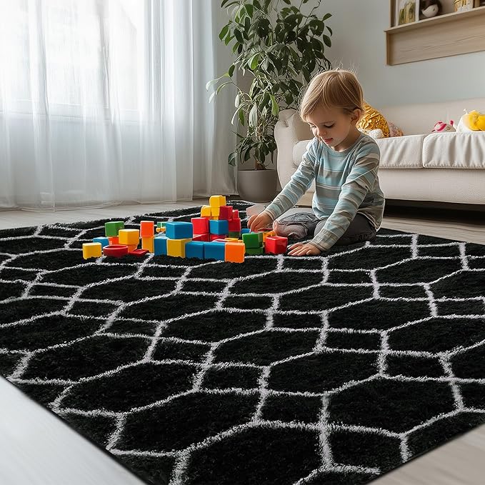 Fluffy Rug for Living Room, Soft Modern 8x10 Black and White Shag Area Rugs | Non Slip Black Carpet for Bedroom, Home Decor Aesthetic, Washable Large Fuzzy Plush Floor Mat for Nursery Teen Dorm