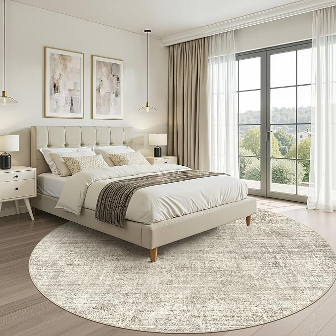 10ft Round Rug Living Room: 10x10 Washable Large Neutral Brown Circle Area Rug Abstract Soft Modern Stain Resistant Indoor Floor Non-Slip Carpet for Bedroom Nursery Kids Office Playroom Dining Room