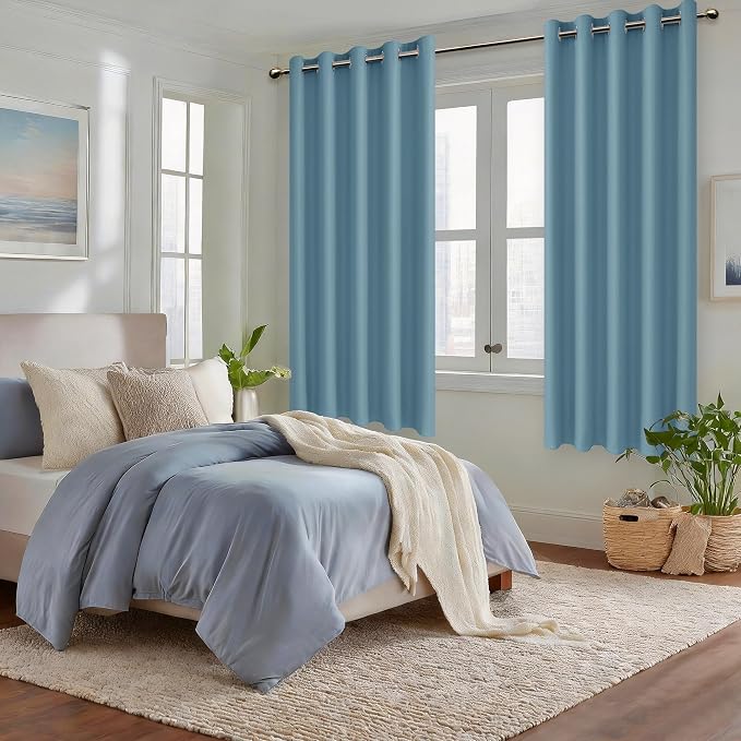Hiasan Blackout Curtains for Bedroom, 60 x 63 Inches Length - Thermal Insulated & Noise reducing Window Curtains for Living Room, 2 Drape Panels Sewn with Tiebacks, Stone Blue