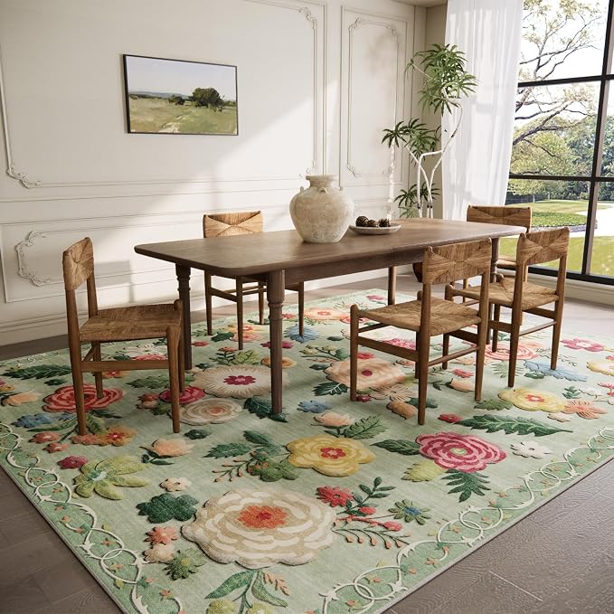 8x10 Area Rugs for Living Room: Washable Bedroom Rug Non Slip Low Pile Soft Faux Wool Non Shedding Lightweight Distressed Vintage Floral Large Carpet Rug for Dining Room Kids Playroom Farmhouse Office
