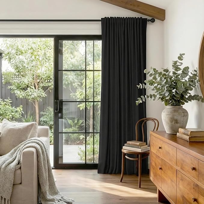 100% Blackout Shield Linen Blackout Sliding Door Curtains for Living Room, Back Tab/Rod Pocket Thermal Insulated Curtains for Sliding Glass Doors, 1 Panel Set, 100" W x 108" L, Black