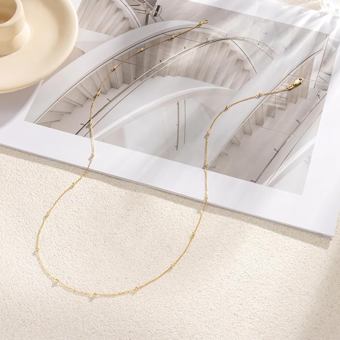 Carffordo 925 Sterling Silver Chain Necklace 16K Gold Plated Beaded Chain Necklace for Women Simple Dainty Choker Necklace Satellite Waterproof Link Necklace Trendy Jewelry Gifts