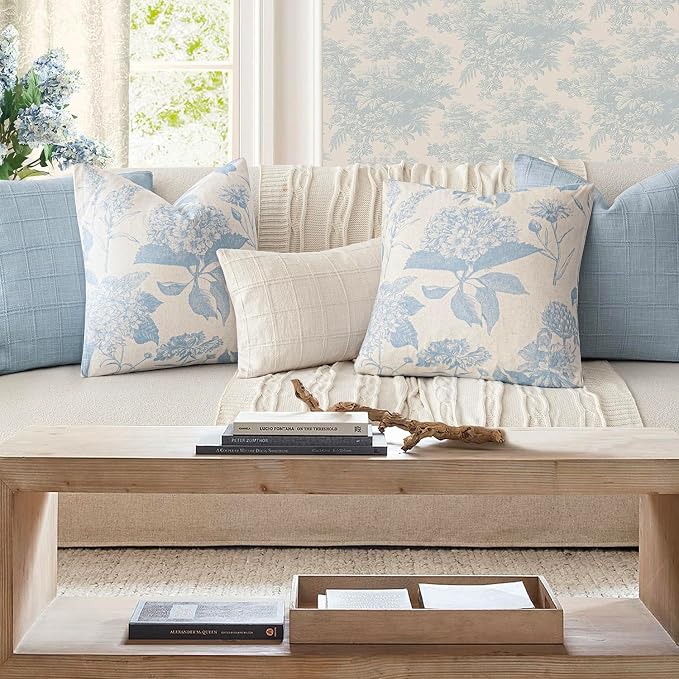 Foindtower Set of 2 Linen Floral Vintage Throw Pillow Covers Neutral Accent Decorative Cozy Cushion Covers Farmhouse Boho Home Decor for Sofa Chair Couch Bedroom Living Room,18×18 Inch,Sky Blue