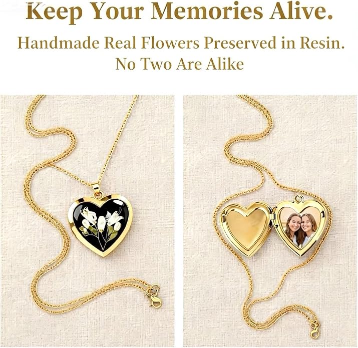 Vintage Heart Locket Necklace, Handmade Pressed Flower Photo Pendant, Boho Jewelry for Women, Floral Gold-Tone Heart Necklace with Photo Holder, Retro Hippie Jewelry,Birthday Gift for Women Girls