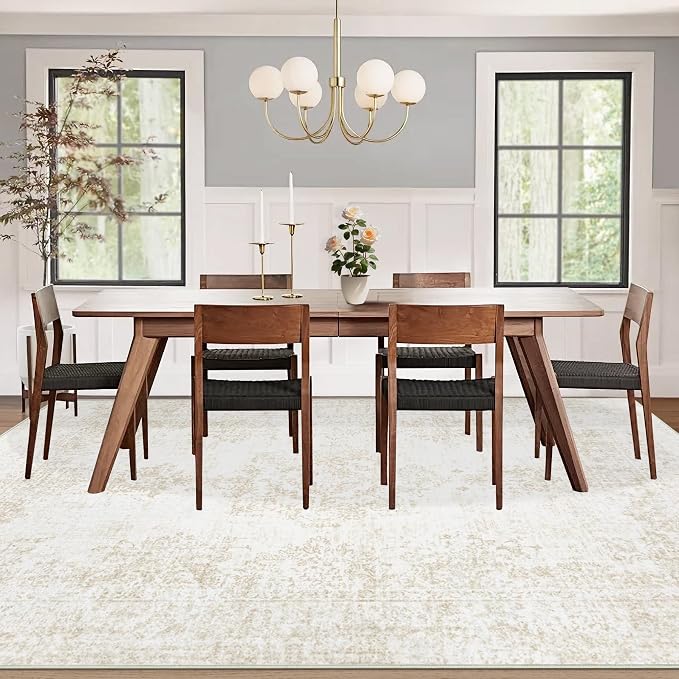 Vintage Living Room Area Rug - 9x12 Large Machine Washable Boho Moroccan Rug Distressed Farmhouse Rugs for Bedroom - Soft Non-Slip Indoor Carpet for Dining Room Office Nursery(Ivory, 9'x12')