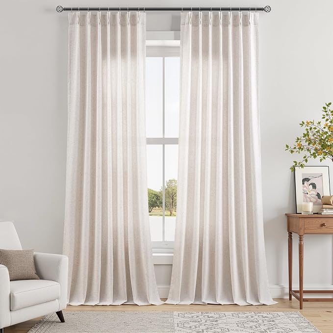 Cream Pinch Pleated Linen Curtains 120 Inches for Living Room Semi Sheer Flax Privacy Beige Back Tab Rod Pocket Window Extra Long Drapes 2 Panels Set for Dining Room Bedroom Cottage,Cream 40x120