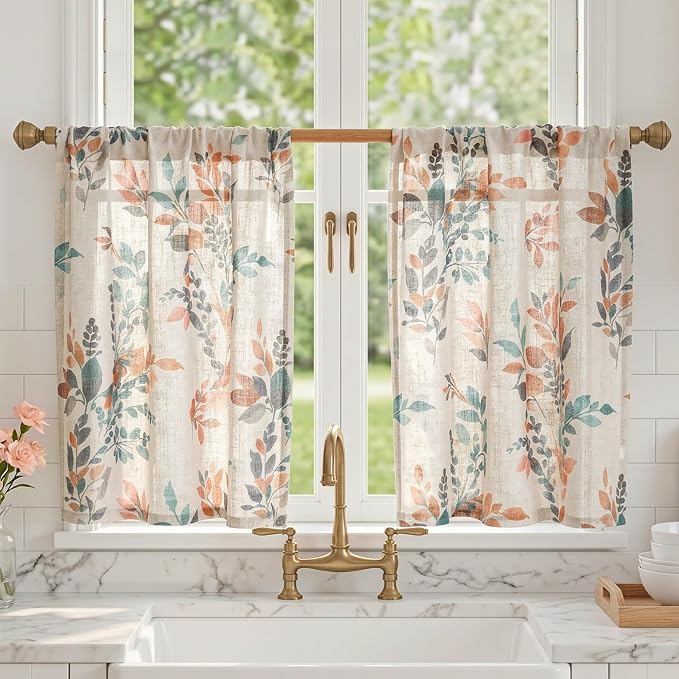MYSKY HOME Linen Tier Patterned Curtains Over Sink 36 Inch Long Set of 2 Light Filtering Privacy Half Window Curtains with Rod Pocket for Kitchen, Cabinet, Basement, Camper, Burnt Orange, 30" Wide