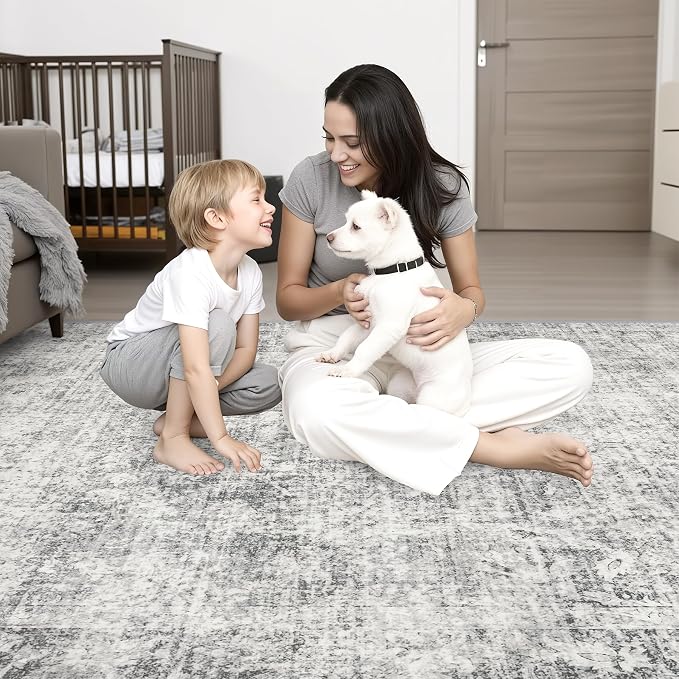 5x7 Area Rug Living Room Rug: Washable Modern Abstract Soft Thin Rug Indoor Floor No Slip Carpet for Bedroom Dining Room Farmhouse Nursery Home Office - Retro Black Grey