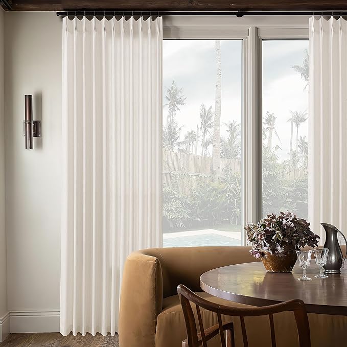 Natural Pinch Pleat Linen 120 Inch Curtains 72 Inch Width Semi Sheer | Light Filtering, Cream Ivory, Pleated Drapes, for Living Room Patio Sliding Door, Custom, Extra Wide, 72x120 Curtain Panels
