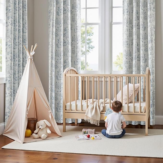jinchan Blue Blackout Curtains W38xL84 Whimsical Back Tab 2 Panels | Room darkening,nursery kids bedroom,privacy,whimsical,cottagecore,bunny pattern,botanical,nature-inspired decor