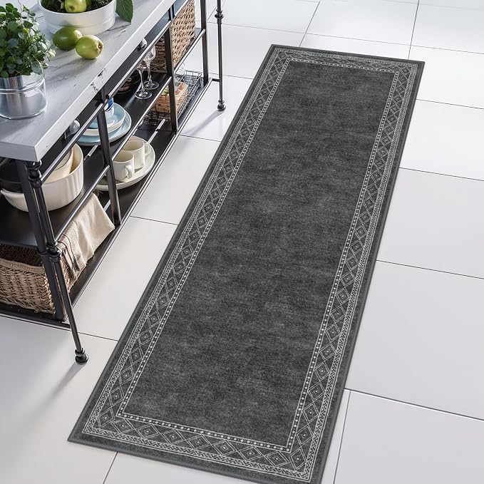 Lahome Modern Bordered Rug Runners for Hallways Non Slip, Ultra-Thin 2x6 Kitchen Runner Rugs Non Skid Washable, No Shedding Soft Hallway Runner Rug for Bedroom Entryway Laundry Room (2x6ft,Gray)