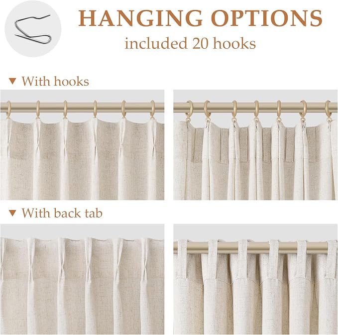 Aersas Natural Pinch Pleat Linen Curtains 63 Inch Length 2 Panels Set for Bedroom Dining Room Semi Sheer Linen Boho Farmhouse Neutral Window Curtains 63 Inches Long for Living Room Nursery 50x63