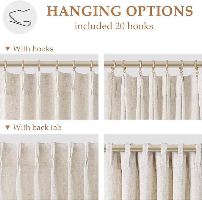 Aersas Linen Pinch Pleated Curtains 84 Inch Length 2 Panels Set for Living Room Cream Semi Sheer Window Curtain for Bedroom Boho Farmhouse Neutral Back Tab Drape Decor with Hooks, Natural Beige Ivory