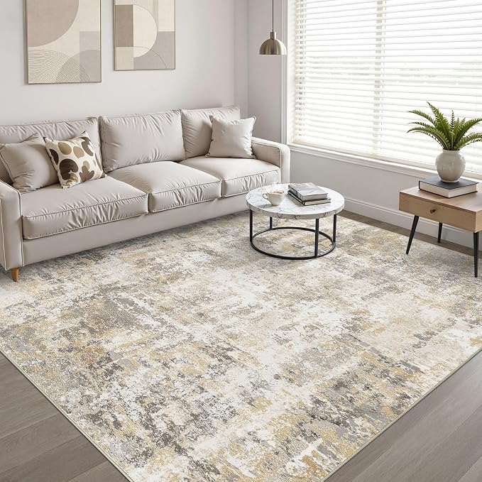 7x9 Area Rug Living Room: Washable Large Neutral Gray Gold Rugs Abstract Soft Modern Stain Resistant Indoor Floor Non-Slip Carpet for Bedroom Nursery Kids Office Playroom Dining Room Under Table Home