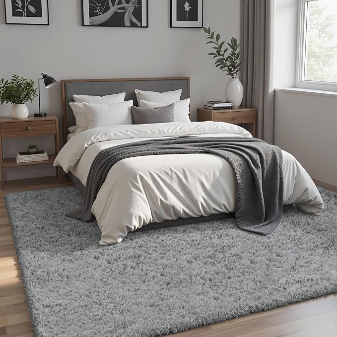 8x10 Area Rug for Living Room, Ultra Soft Fluffy Shag Rugs for Bedroom, Non-Slip Large Fuzzy Plush Rug Indoor Floor Carpet for Nursery Kids Office Dorm Modern Decor, Light Gray