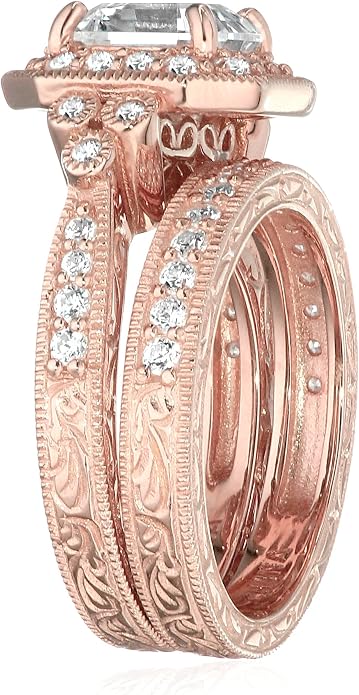 Amazon Essentials Platinum or Gold Plated Sterling Silver Antique Ring set with Asscher-Cut Infinite Elements Cubic Zirconia