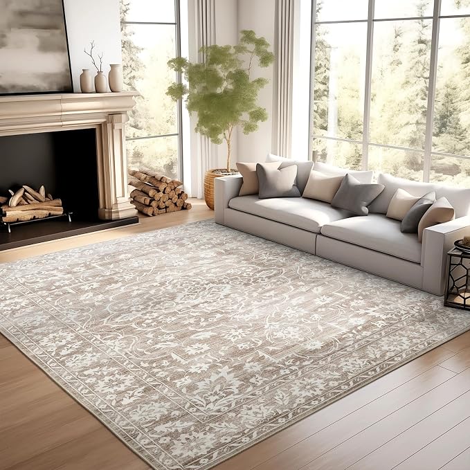 Soalmost 5x7 Area Rugs for Living Room, Washable Neutral Soft Rug | Vintage Floral Non-Slip Low Pile Throw Large Carpet for Dining Room Bedroom Kitchen Home Office Nursery Light Brown 5'x7'