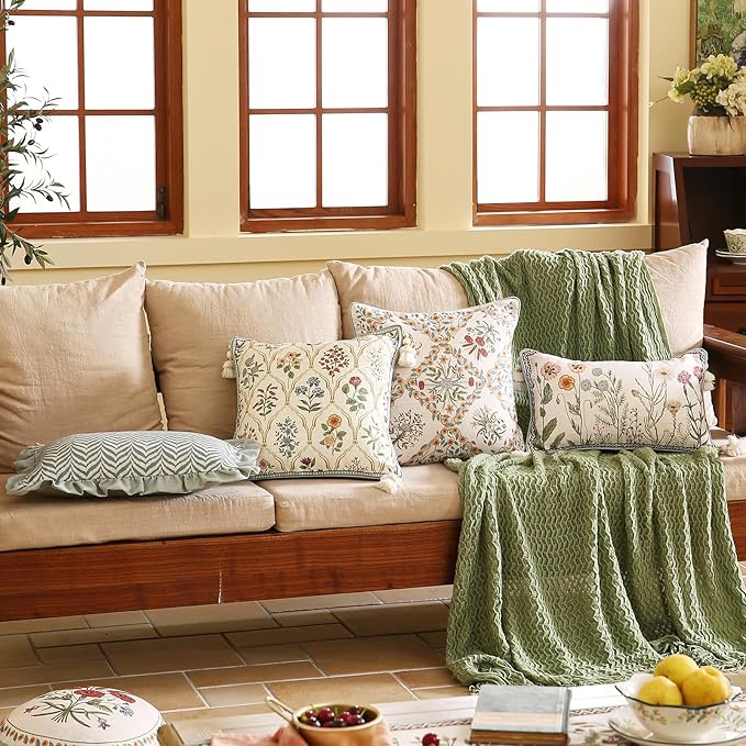 ISAENNE Designer Elegant Linen Throw Pillow Cover,Set of 4-Serenity ABCD | French Cottage Pillow Cover,Concealed Zipper,Floral Pattern,Sofas,Bedroom,Living Room,Lounge Chairs,All Season Home Decor