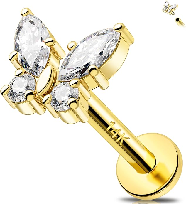 Melighting 14k Solid Gold Cartilage Earring 16G Internally Threaded Butterfly Flat Back Helix Piercing Jewelry Clear CZ Tragus Conch Stud for Women 6/8 mm
