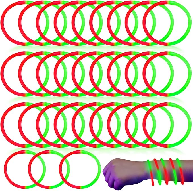 Syhood 120 Pcs Glow Sticks Bracelets for Christmas Bulk 8 Red and Green Bicolor Glow Stick Bracelets with Connectors Xmas Glow Stick Accessories for Christmas Neon Glow in the Dark Party