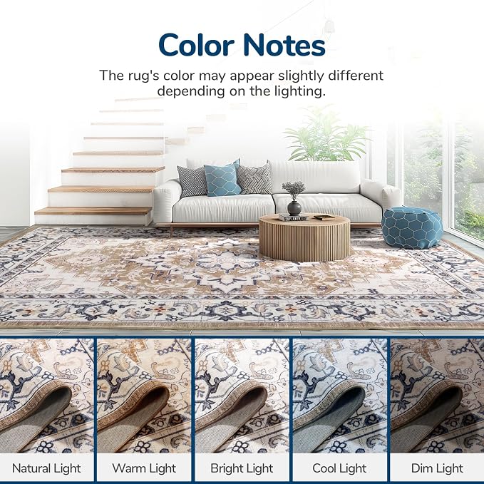 Lessymo 2 x 3 Entryway Rug- Machine Washable Area Rugs Boho Faux Wool Low Pile Area Rug for Bedroom, Floral Medallion Vintage Outdoor Rugs with Non-Slip Rubber,Brown Beige