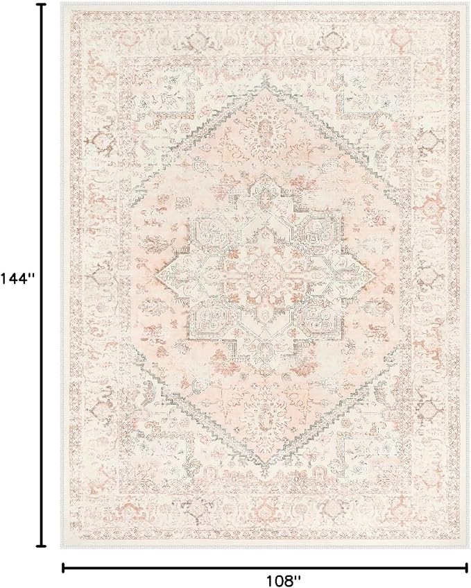 LIVEBOX Washable 9x12 Area Rug, Large Rugs for Living Room Boho Soft Non-Slip Rugs, Pink Low-Pile Vintage Medallion Rug, Retro Non-Shedding Indoor Carpet for Dining Room Bedroom Office