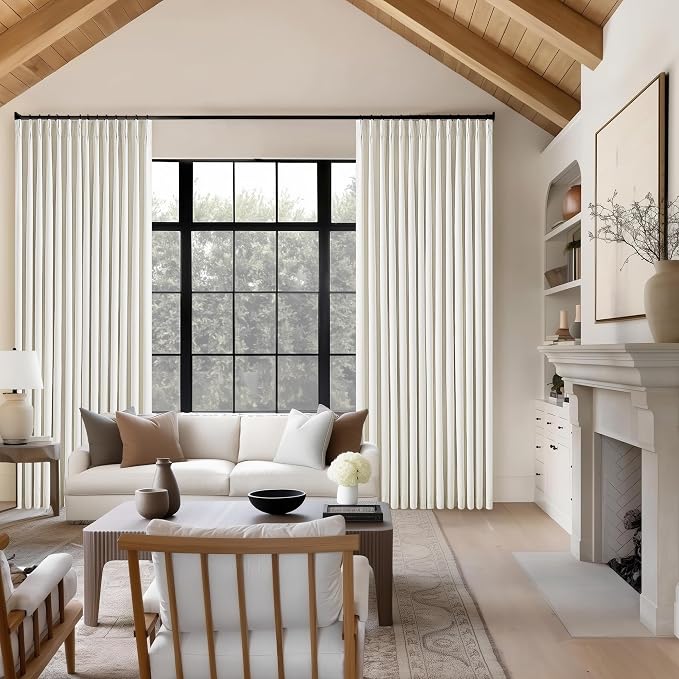 102 Inches Long Pinch Pleated Linen Blackout Curtains for Bedroom Back Tab Track Memory Trained Shape Farmhouse Light Blocking Curtains 102 Inch Length for Living Dining Room Darkening Drapes Cream
