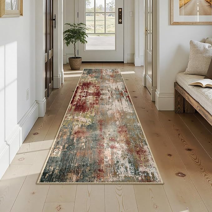 RELEANY Washable Area Rugs 2x9 Non-Slip Modern Abstract Soft for Living Room Entryway Bedroom Kitchen, Print Pattern, Brown Rust Red Green Blue Multi