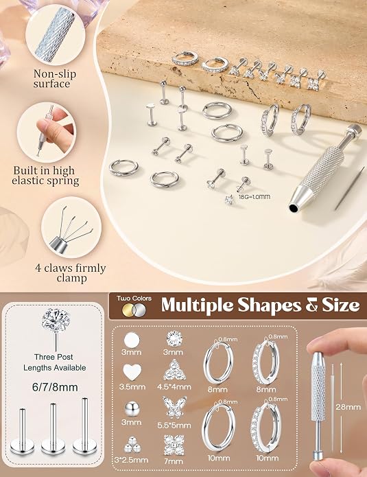 ORAZIO 16G/18G/20G Flat Back Earrings for Women Threadless 316L Surgical Steel Stud Hoop Earrings Push in Nose Studs Hypoallergenic Cartilage Earring Stacks Labret Helix Tragus Conch Piercing Jewelry