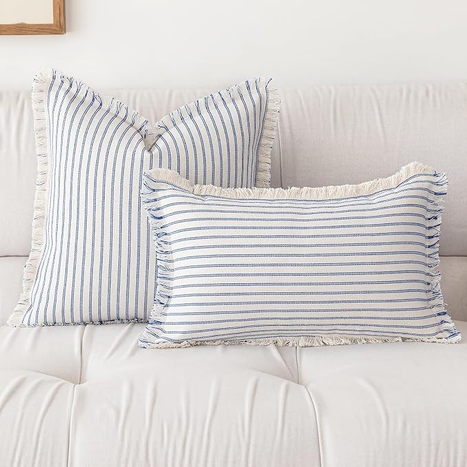 YEENAASY Throw Pillow Covers 18x18 Set of 2 Striped Fringe Pillow Cover Farmhouse Cushion Covers with Tassel Neutral Boho Pillows Decorative Square Pillowcase for Couch Sofa Bed, Blue