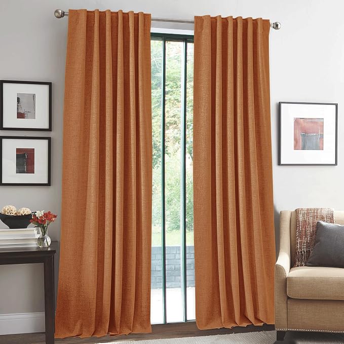 RYB HOME Burnt Orange Total Blackout Curtains Linen Texture, Rustic Fall Curtains for Bedroom/LivingRoom/Office, Thermal Insulated Boho Farmhouse HomeDecor, Luxury Privacy Drapes, W52xL90, 2 Panels