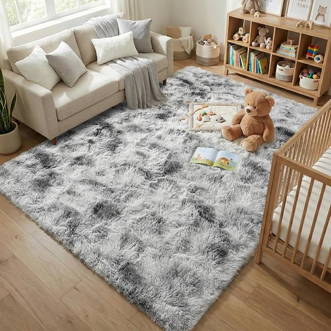Fluffy Rugs for Living Room:Tie-dye White Grey Soft Shag Rug for Bedroom, Large Fuzzy Plush Indoor Floor Carpet Non Slip Modern Rug for Nursery Boys Girls Kids Room Dorms Home Decor, 7x10 Feet