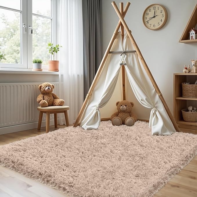 4x6 Area Rug for Living Room, Ultra Soft Fluffy Shag Rugs for Bedroom, Non-Slip Large Fuzzy Plush Rug Indoor Floor Carpet for Nursery Kids Office Dorm Modern Decor, Beige
