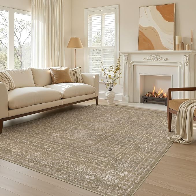Nakagishi 5x7 Area Rugs Living Room: Washable Large Vintage Rug Neutral Non-Slip Soft Stain Resistant Indoor Carpet for Bedroom Nursery Dining Room Office Playroom - Dark Brown