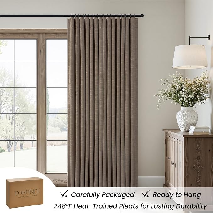 Topfinel Dark Flax Blackout Curtains 102 Inch Long 2 Panels Set, Taupe Linen Room Darkening Drapes Back Tab and Rod Pocket High-End Memory Trained Panels for Modern Boho Family Homes 52" W*102" L
