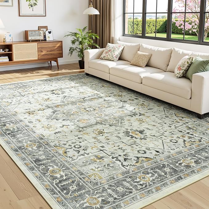 Taupe Vintage 9x12 Living Room Rug - Vintage Oriental Revival Low-Pile Carpet for Bedroom, Dining Table, Machine Washable Soft Non-Slip Large Area Rug Distressed Farmhouse Décor Light Grey